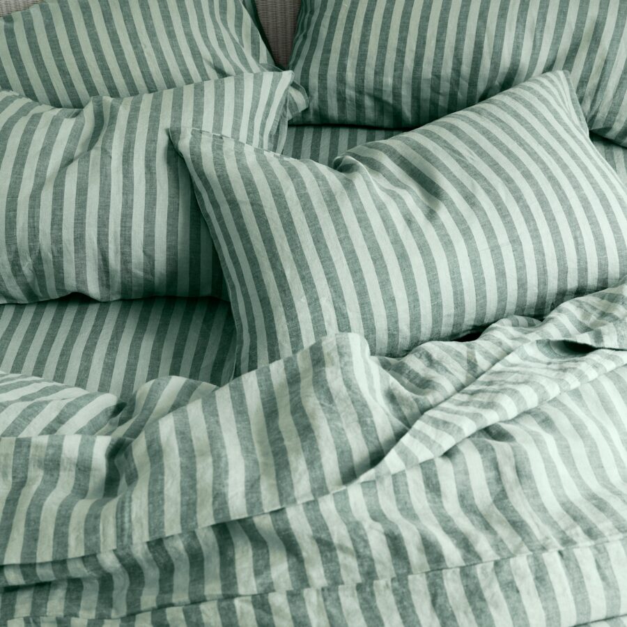 Pine Green Striped Linen Fitted Sheet