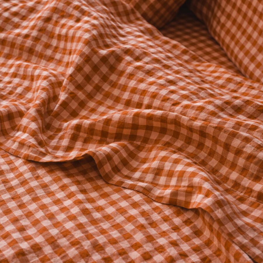 Cinnamon Gingham Linen Blend Flat Sheet