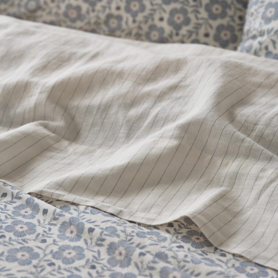 Dusk Blue Striped Linen Blend Flat Sheet