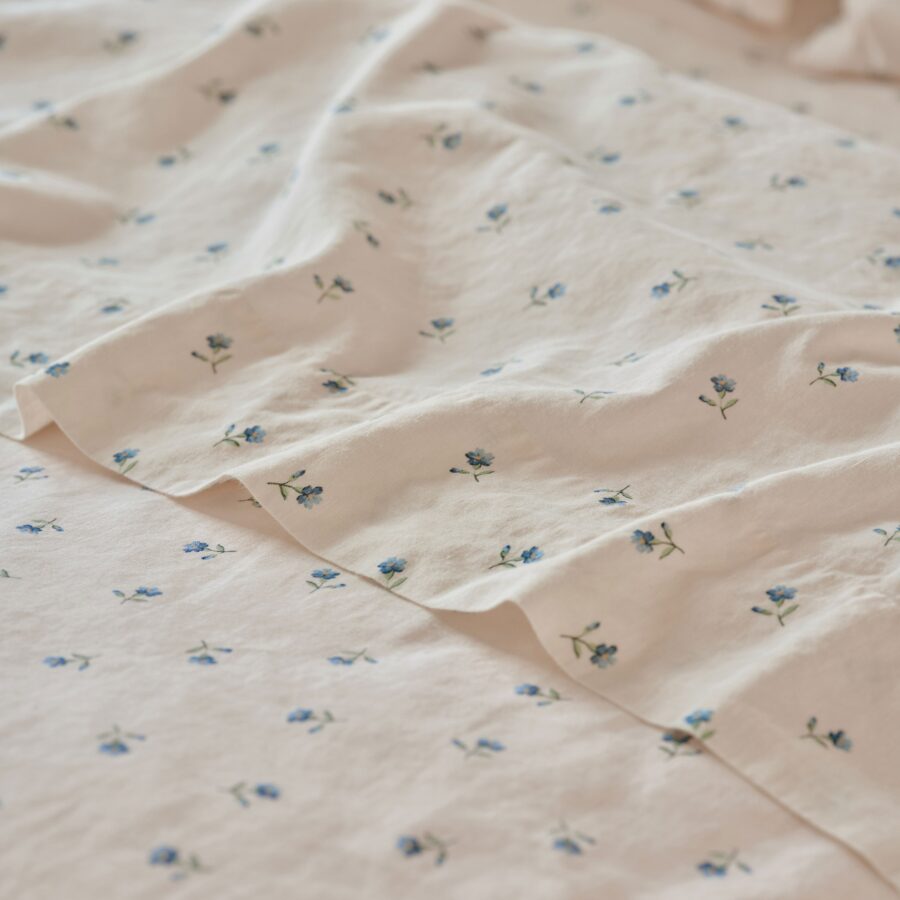 Dusk Blue Floral Linen Blend Flat Sheet